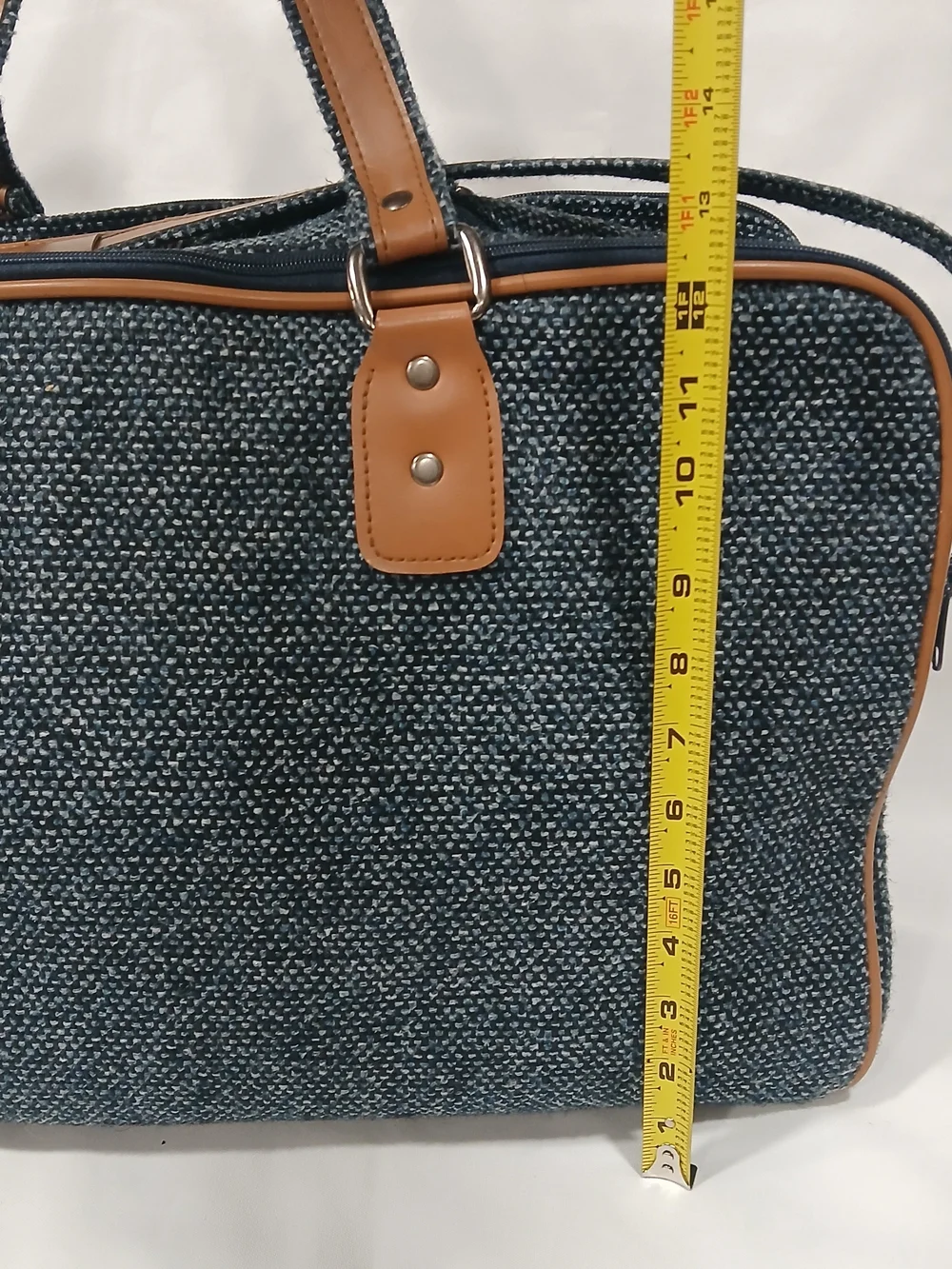 Vintage Pierre Cardin Tweed Weekender Duffel Travel Bag Blue Tan Leather Trim